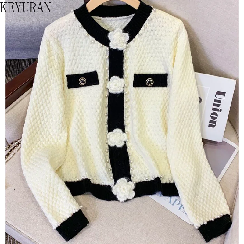 2023 New Autumn White Knitted Cardigans Sweater Women Korean Fashion Rose Flower Pears Beading Long Sleeve O-neck Sweaters Coat