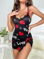 Heart Letter Floral Slip Nightdress Lace Trim Deep V Side Split Sleep Dress Soft Breathable Fabric For Women Night Gown - Image 3