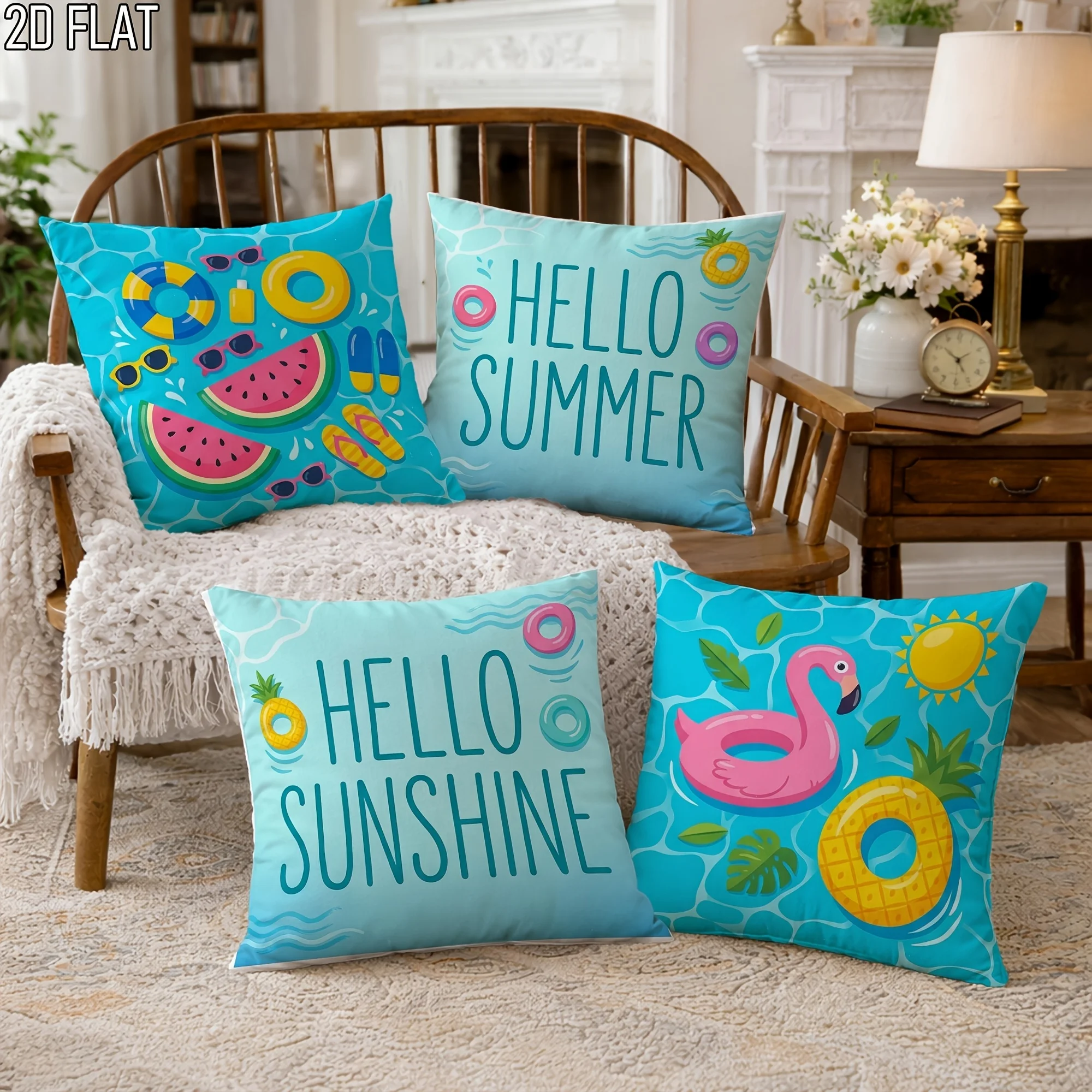 2D Flat Print 4 Pack Summer Tropical Beach Pillow Covers, Teal Vibrant Decorative Cushion Cases, Double Sided Printed, for Living Room Bedroom Sofa Bed Decor, No Pillow Inserts, 2D Flat