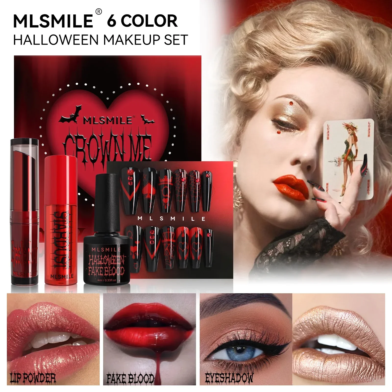 MLSMILE-Juego de maquillaje de Halloween, lápiz labial de plasma en polvo, sombra de ojos, arte de uñas, juegos de maquillaje, conjunto completo de cosméticos