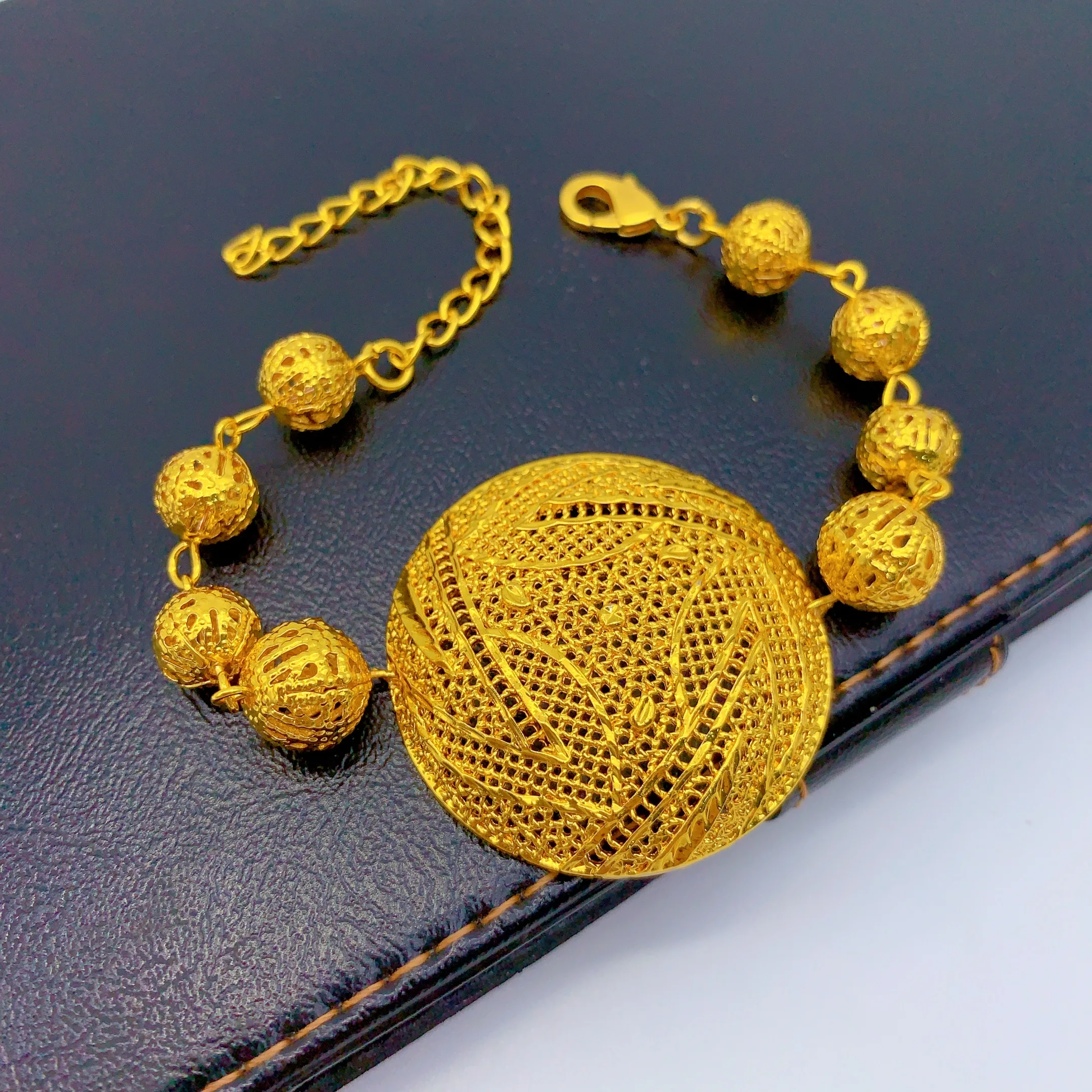Dubai Lange Halskette Ohrringe Schmucksets für Damen Perlen-Design 24K Vergoldete Hochzeitsarmbänder Indische Ringe Brautgeschenk – Detail 6