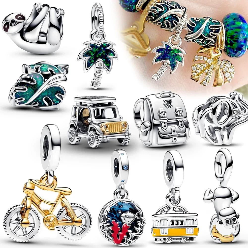 2024 Summer New 925 Sterling Silver Hanging Sloth & Two-tone Adventure Car & Green Palm Tree Dangle Charm Fit Original Bracelet