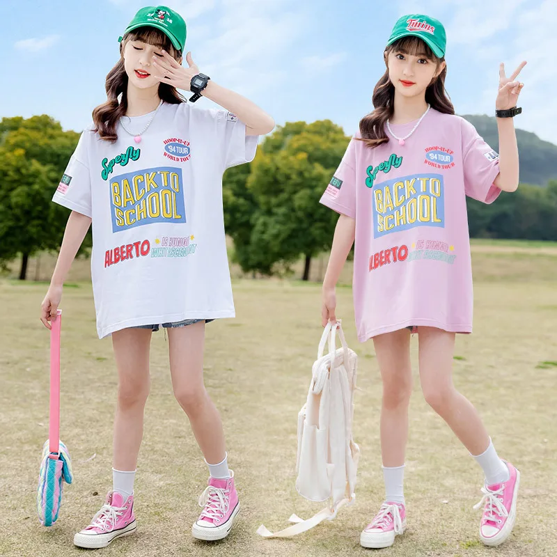 

New2024 Korean Summer Junior Girl Short Sleeve Tops Children Girl Loose Tees School Girl Alphabet Cotton Sportswear Kids T-shirt