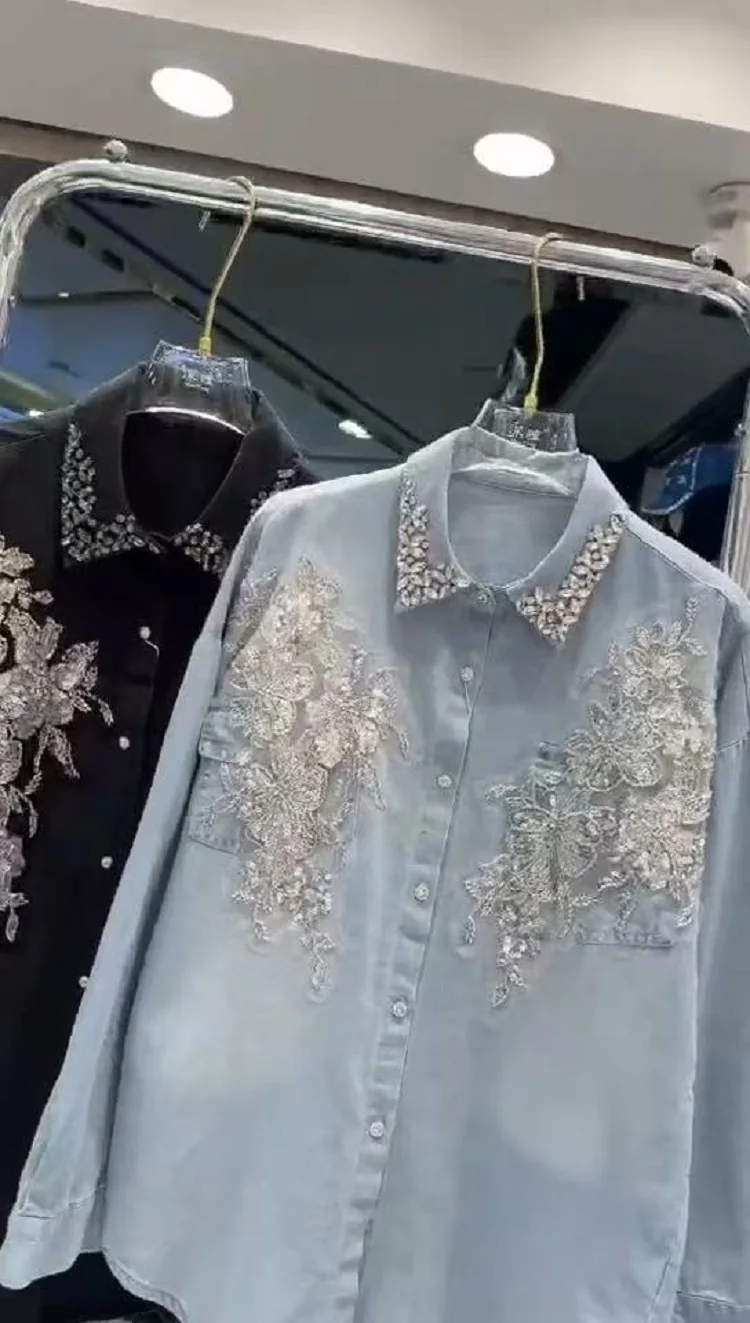ใหม่ในฤดูใบไม้ผลิฤดูใบไม้ร่วง 2025 Sparkle SequinsเพชรStitchความยาวกลางY2K Denimเสื้อและเสื้อสําหรับสตรีแฟชั่นTops blusas