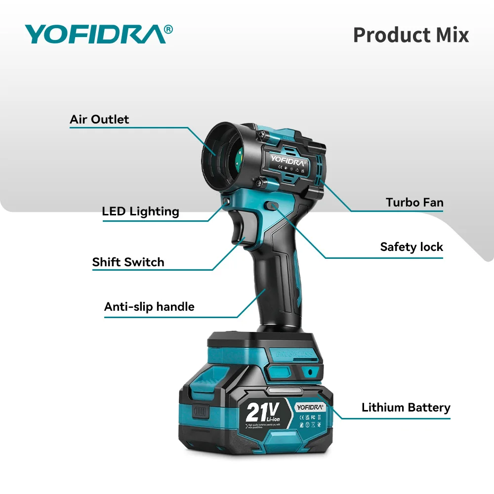 YOFIDRA 2-in-1 Bürstenloser Turbo-Gebläseventilator & Staubsauger 80000RPM Handgehaltenes Staubblasgerät für Makita 21V Akku – Detail 4