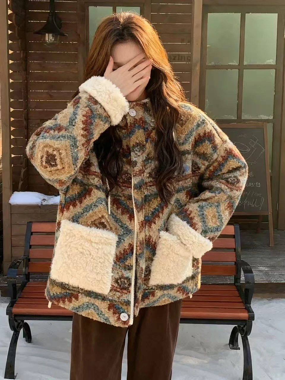 Abrigo de Invierno para Mujer, Estilo Retro Geométrico, de Piel de Cordero o Chaqueta, Cálido, de Doble Cara, de Algodón, Estilo Coreano, Holgado