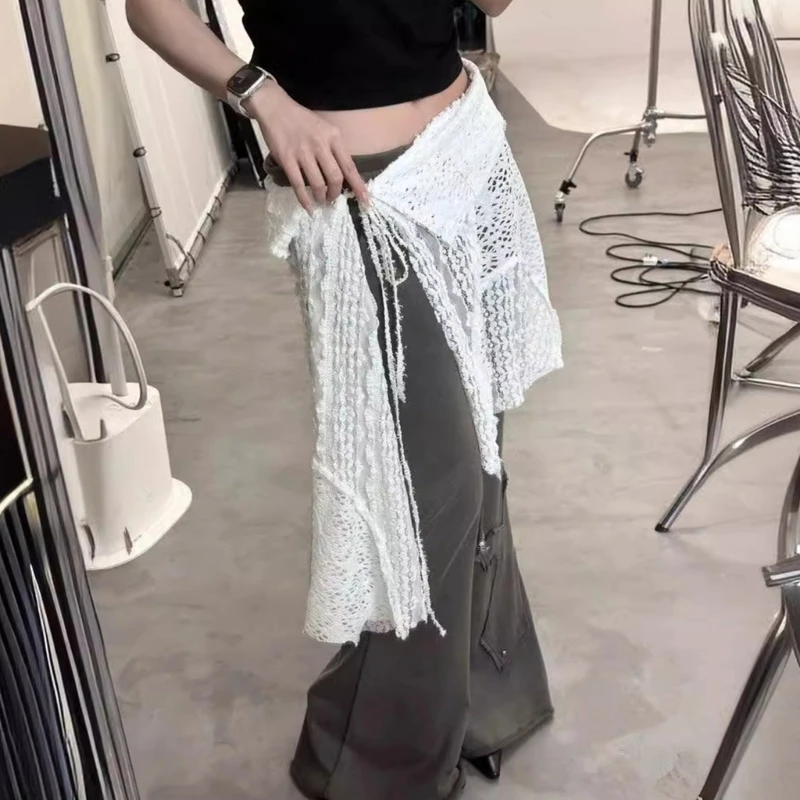

Hollow Crochet Lace Half Skirt Hip Scarf Women Aesthetic Asymmetrical Layering Apron Skirt Lace Up Covering Overskirt