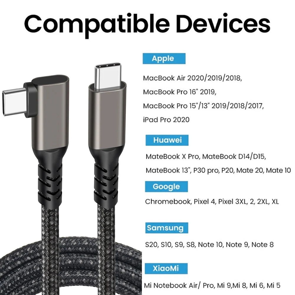 كابل USB C 3.2 Gen 2 من النوع C إلى USB C 90 درجة 20 جيجابت في الثانية 4K @ 60 هرتز كابل بيانات 5A 100 وات PD شحن سريع لأجهزة الكمبيوتر المحمول Macbook Pro iPad #6