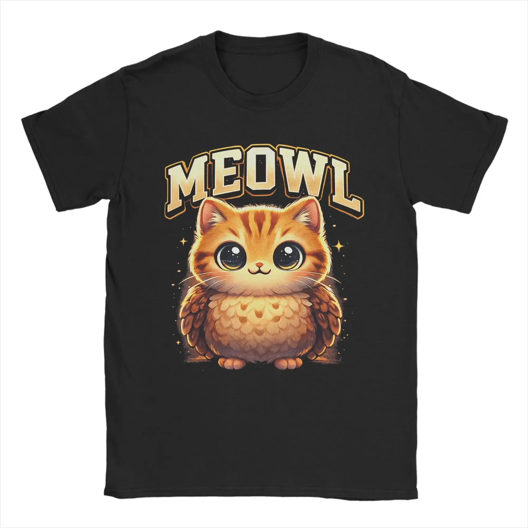 Meowl Funny Meow Cat Owl Brainrot Meme 100% Cotton T-Shirt For Men's Beach Vintage T Shirts O Neck Hippie Tees Plus Size Clothes