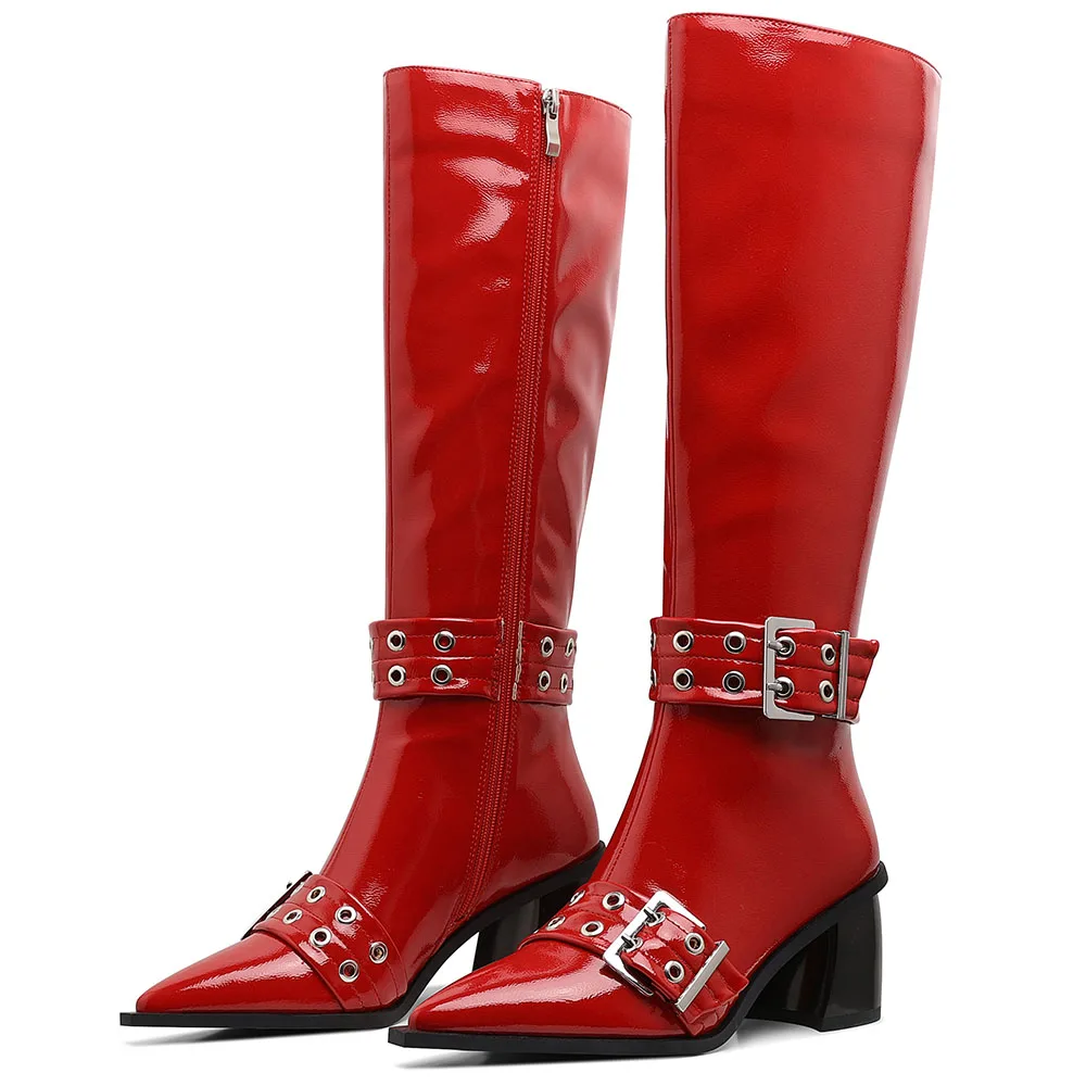 Chunky High Heel Pointed Toe Motorcycle Boots Side Zipper Buckle Patent Mid-calf Boots Fashion Street Snap Cool Punk Y2k Shoes