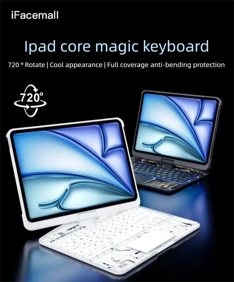 Ifacemall Magic Keyboard For Ipad & Air & Pro Wireless Keyboard Case Transparent Crystal 360° Rotating Bluetooth Keyboard Case