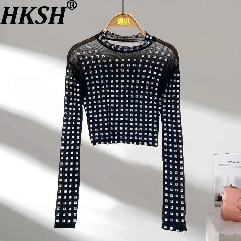 

HKSH Spring Autumn New Women Short T-shirt O-neck Long Sleeve Heavy Craft Studded Diamonds Sheer Mesh Tee Sexy Chic Tops HK16454