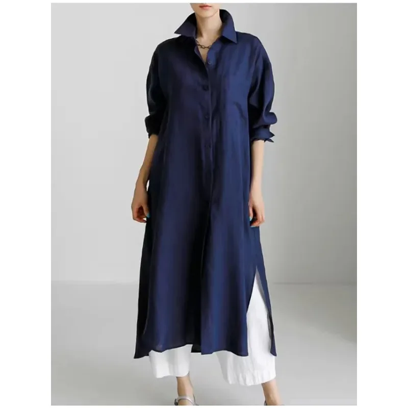 

Spring New Fashion Shirt Dress Elegant Solid Color V-neck Long-sleeved Cotton Cardigan Maxi Dress Casual Holiday Wear For Women