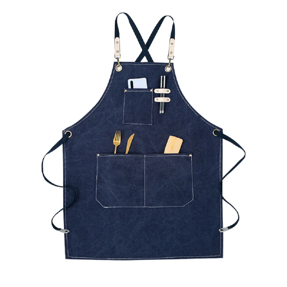 

Navy Blue Apron Pocket Detachable Straps Waterproof Cotton Canvas Comfortable Pinafore For Restaurant