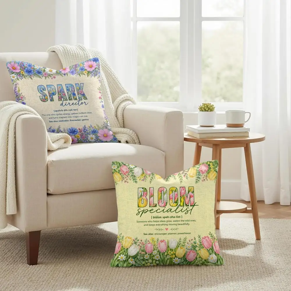 Floral Positive Job Title Cushion Cover Summer Coolness Linen Organic Fabric Sofa Pillow Case Double-Sided Printing Home Decor