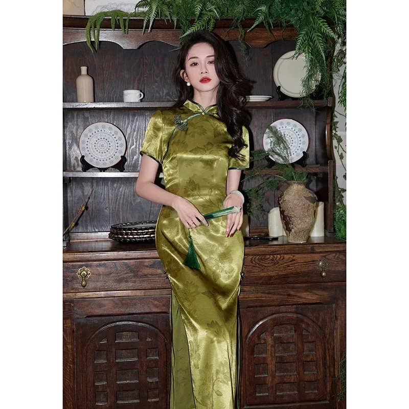 

2025 Spring/Summer New Green Printed Cheongsam Dress Short Sleeve Long Style Improved Retro Qipao