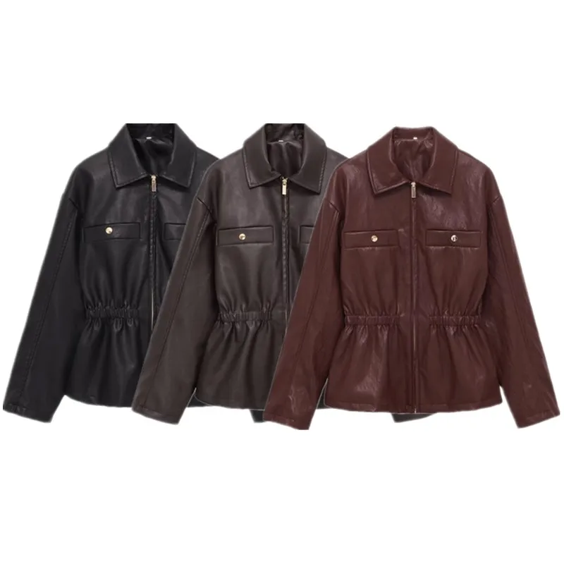 Colete de Couro Feminino Inverno 2025 com Zíper, Cintura Elástica, Manga Longa e Gola Reversível, Moda Externa Inovadora