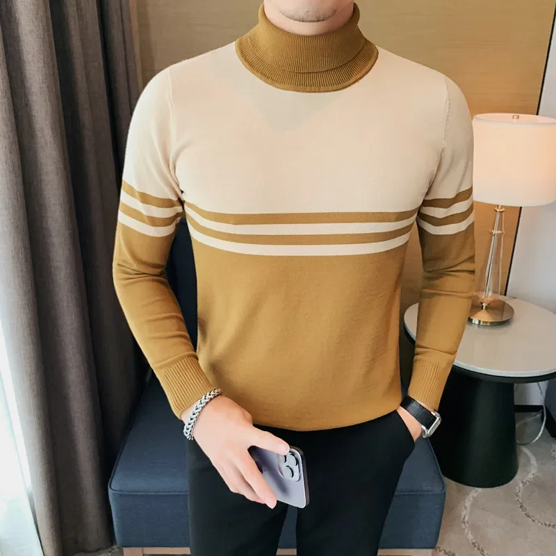 Autumn Korean Fashion Stripes Turtleneck Sweater Men Long Sleeve Slim Casual Knitted Sweater Business Social Knitwear Pullovers