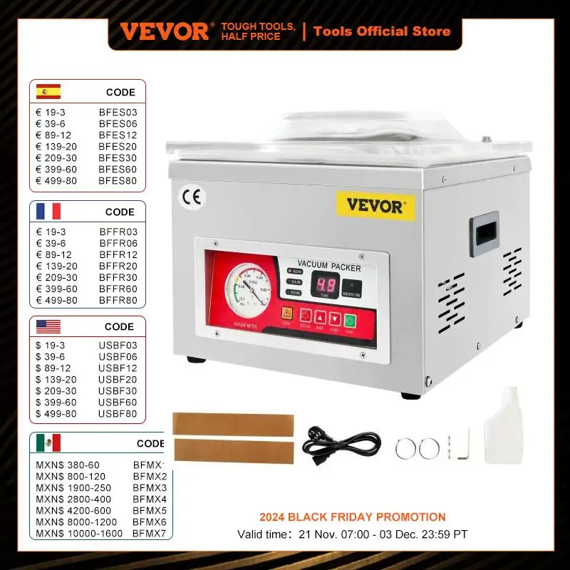 VEVOR Food Vacuum Packing Machine DZ-260A Commercial Chamber Vacuum Sealer Kitchen Meat Bag Packaging Food Saver Sealing Machine