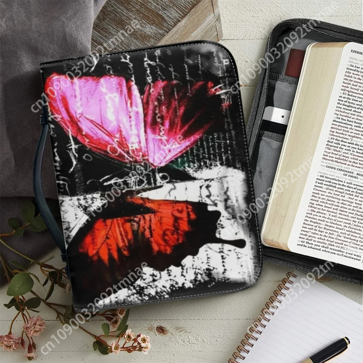 

Trendy Art Butterfly Custom Bible Bag for Women Leather Zipper Handle Handbags Practical Bible Storage Bags Christian Book Bags