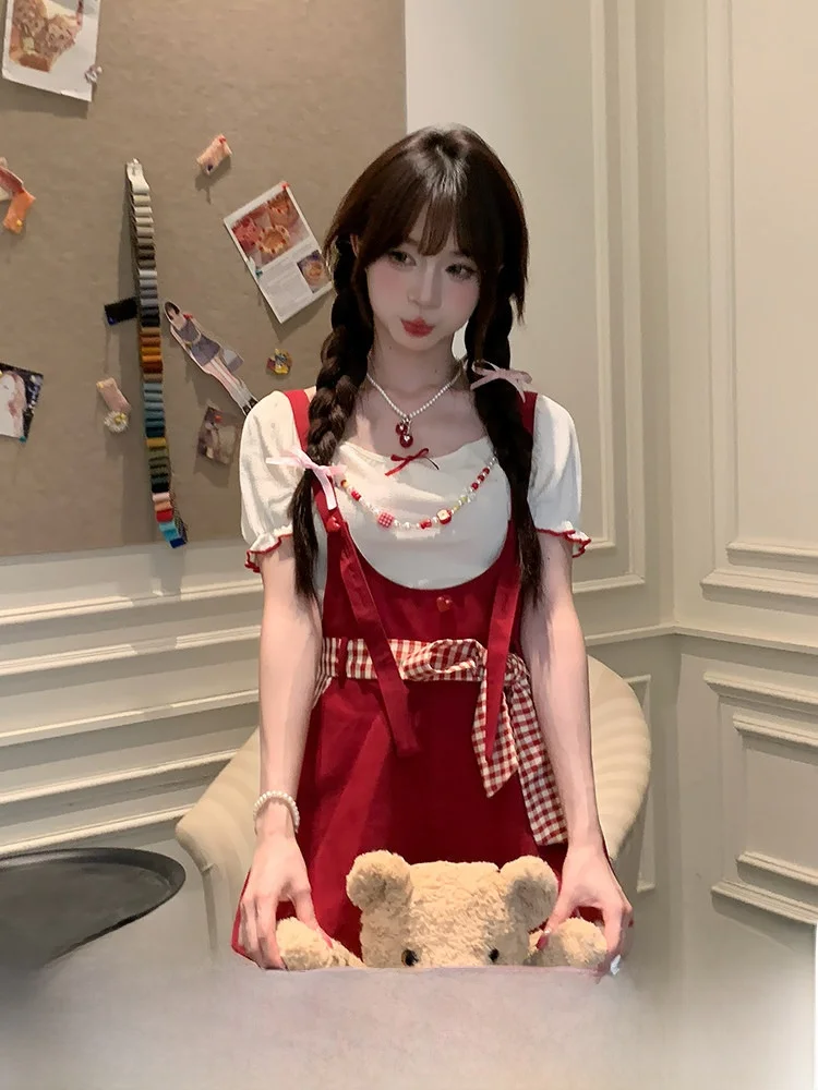 

Adorable Sweet Girl Red Rer Women's Summer Clothing Cotton High Waist Overalls ort Pants Badrop of Berries And Apricots