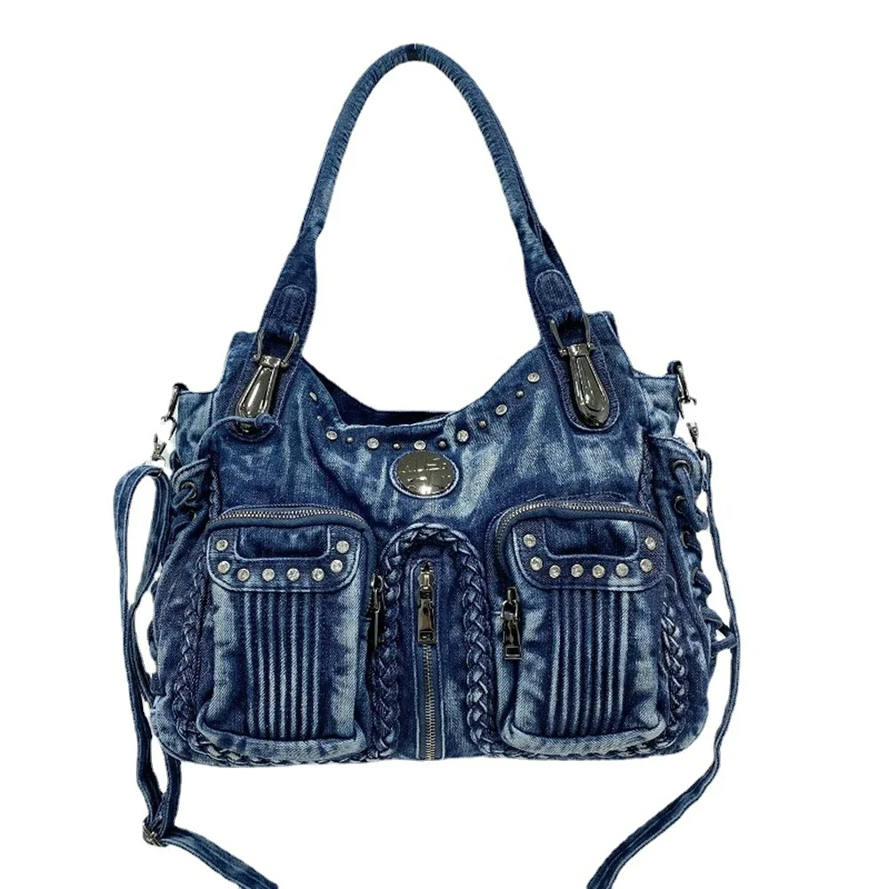 

New in Retro Denim Women Shoulder Bag Rivet Weave Jeans Handbag Large Capacity Casual Tote Bag Hobo Bag