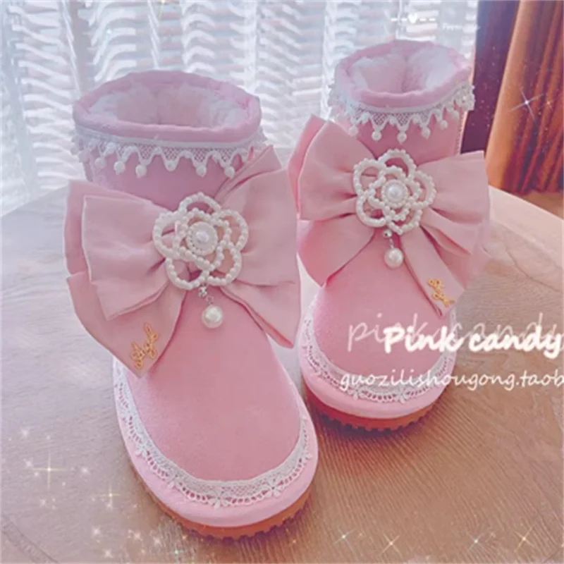 Pink beaded tassel lace butterfly rhindiamond-pearl cute fur one snow boots handmade custom women's cotton shoes 35-39