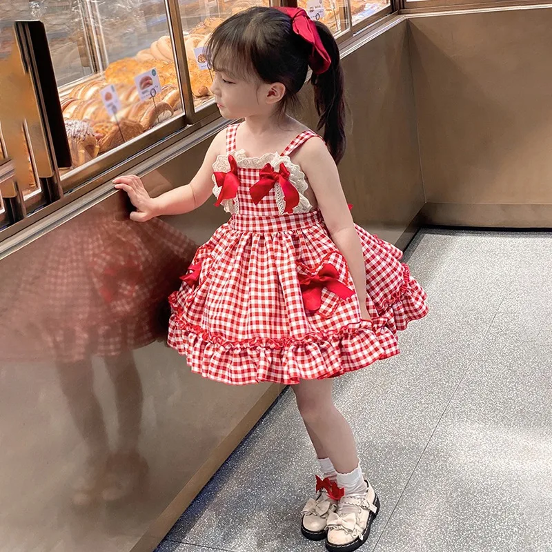 Summer Girls Dress Bow Lace Red White Plaid Sleeveless Party Baby Princess Dresses Backless Kids Girl Birthday Clothes 3-8 Years