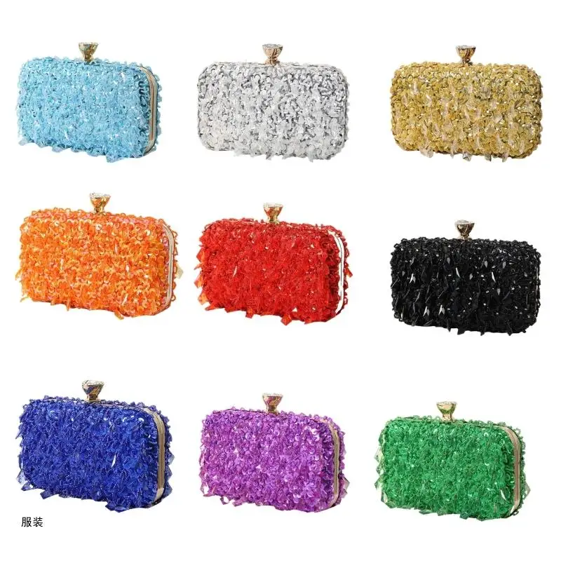 D0UD Handmade Beaded Evening Bag with Chain Banquet Purse Female Handbag Clutch