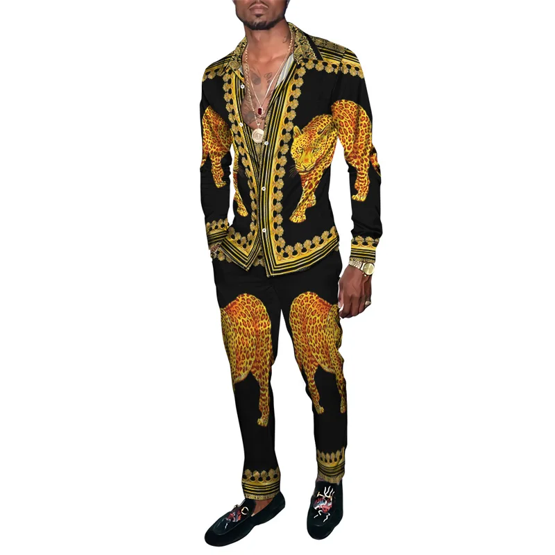 Men's Vintage Gold Totem Florial Animal Leopard Tiger 3D Printed Oversized Clothing Suit Male Shirts+Trousers 2Pcs Set Tracksuit