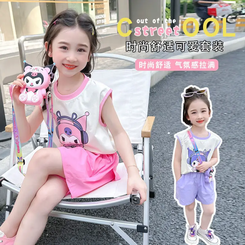

Anime Figure Kuromi Kawaii 2Pcs Vest Short Sleeve Shorts Girl Pure Cotton Summer Sports Leisure 2025 New Fashion New Style Gift