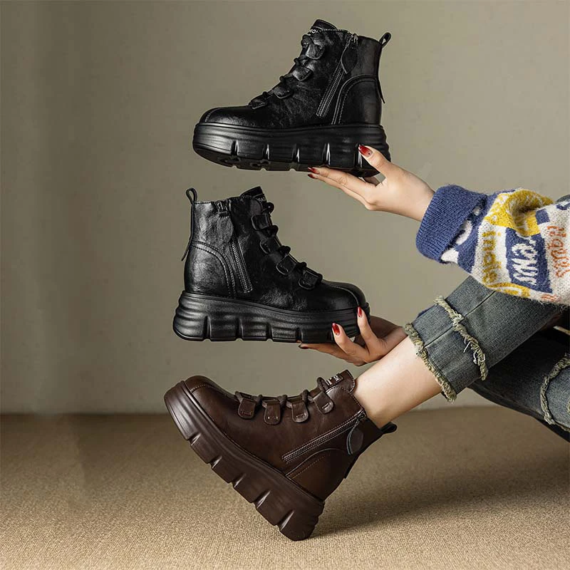 

WomenS Vintage Simple Boots Platform Chunky Sole Side Zipper Elevator Ankle Boots Black Brown Casual Fashion Footwear For Ladie