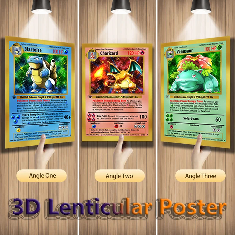 アニメポケモン 3D レンチキュラーポスター リザードン ゼニガメ フシギダネ 素晴らしい 3D 効果で生き生きと壁アート プリント (フレームなし)