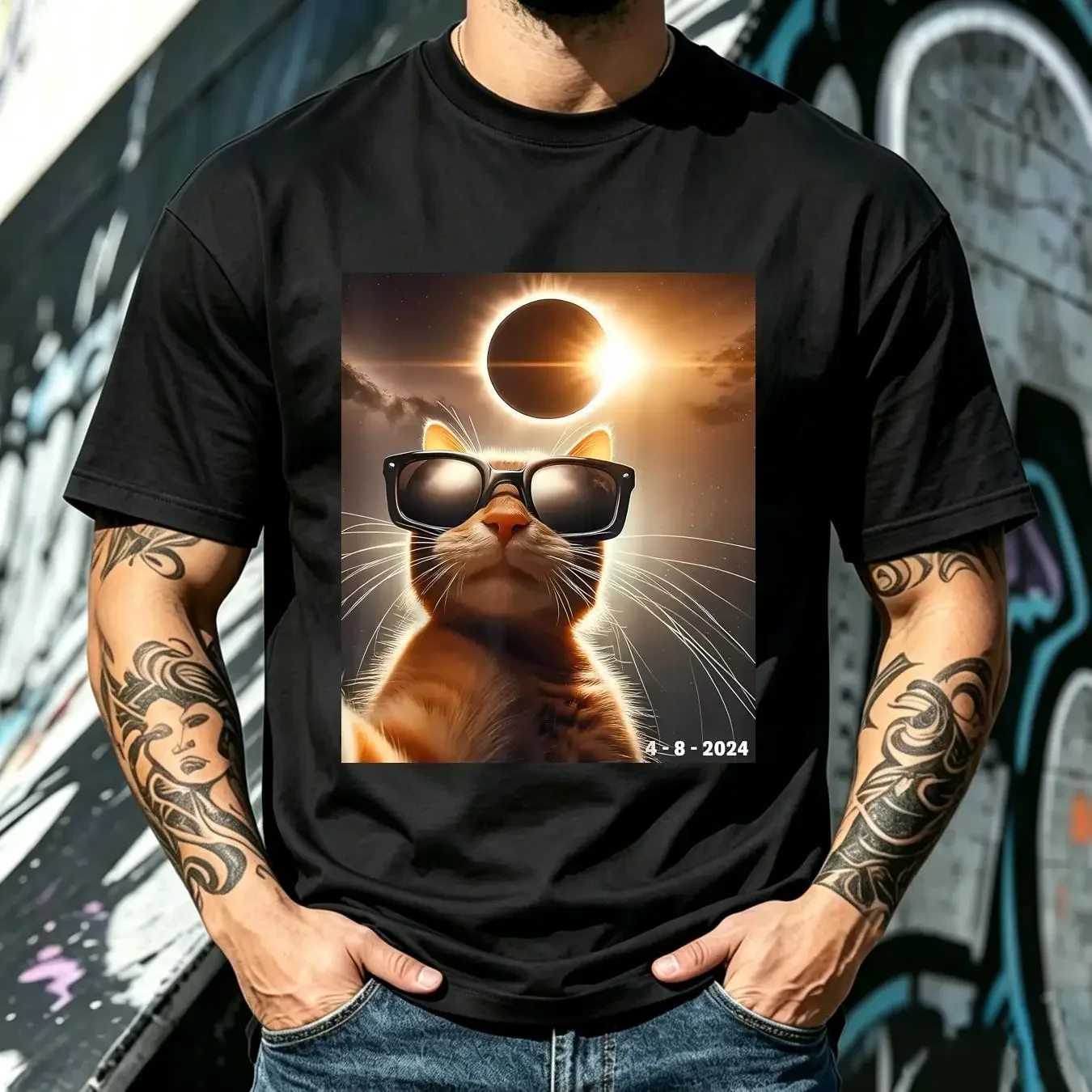 washed T Shirt Cat Taking A Selfie With Solar 2024 Eclipse Cute long or short sleeves vintage Washed Unisex Breathable Soft
