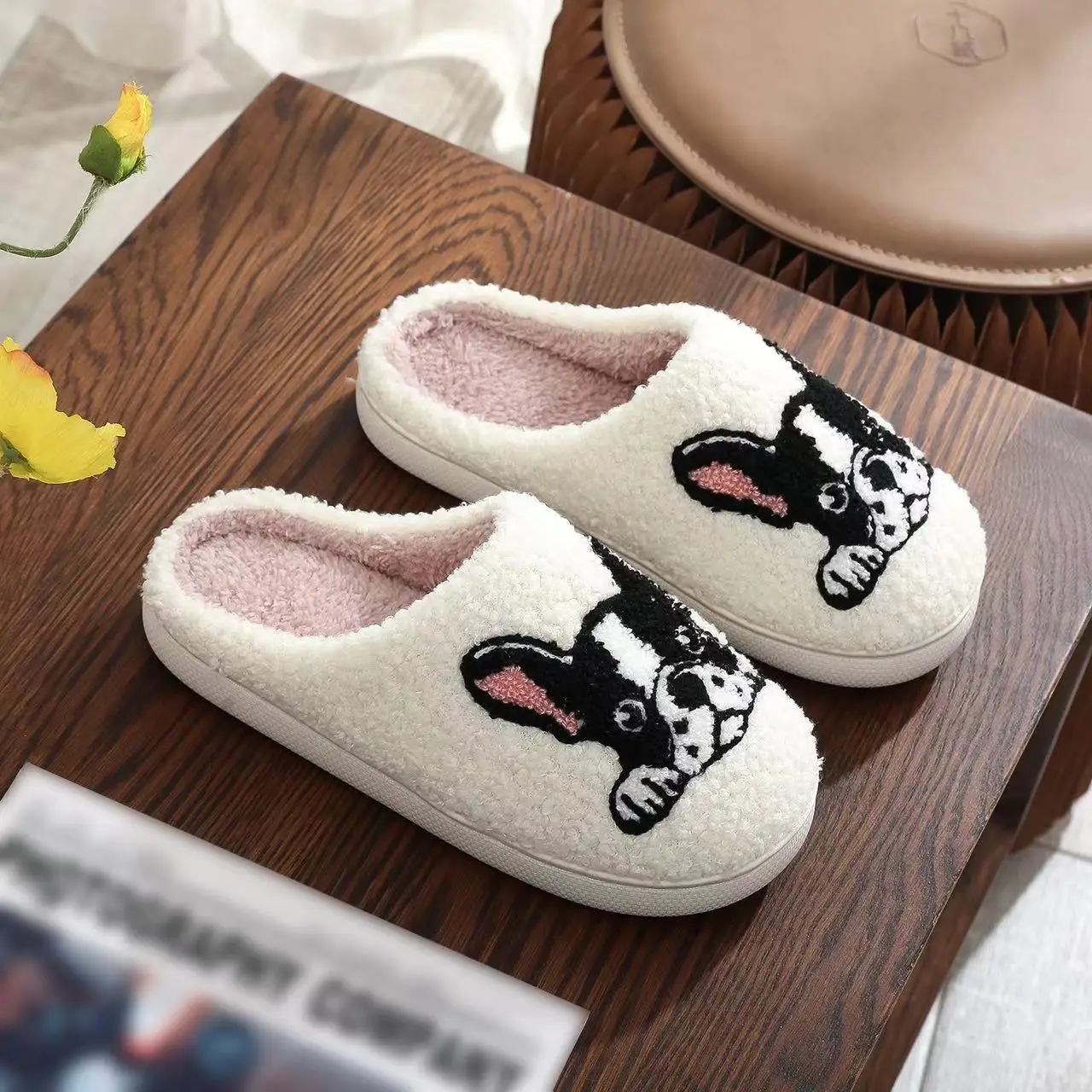 

Lovely French Bulldog Slippers Women Men Winter Anti-slip Super Warm Plush Shoes Home Dormitory Cartoon Fur Slides