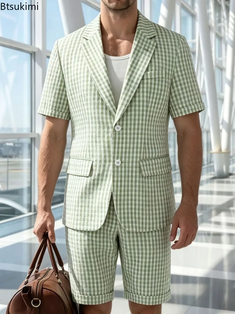 2026 New Men's 2-piece Outfit Fashion Green Plaid Short Sleeve Men Suit Set Summer Thin Breathable Business Casual Male Suits