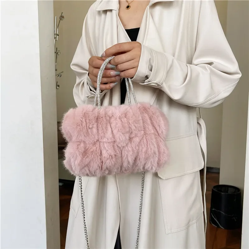 2024 Autumn Winter Plush Small Handbag FashionCute Korean Pink Chain Shoulder Bags Crossbody For Women Prom Party Daily Handbag