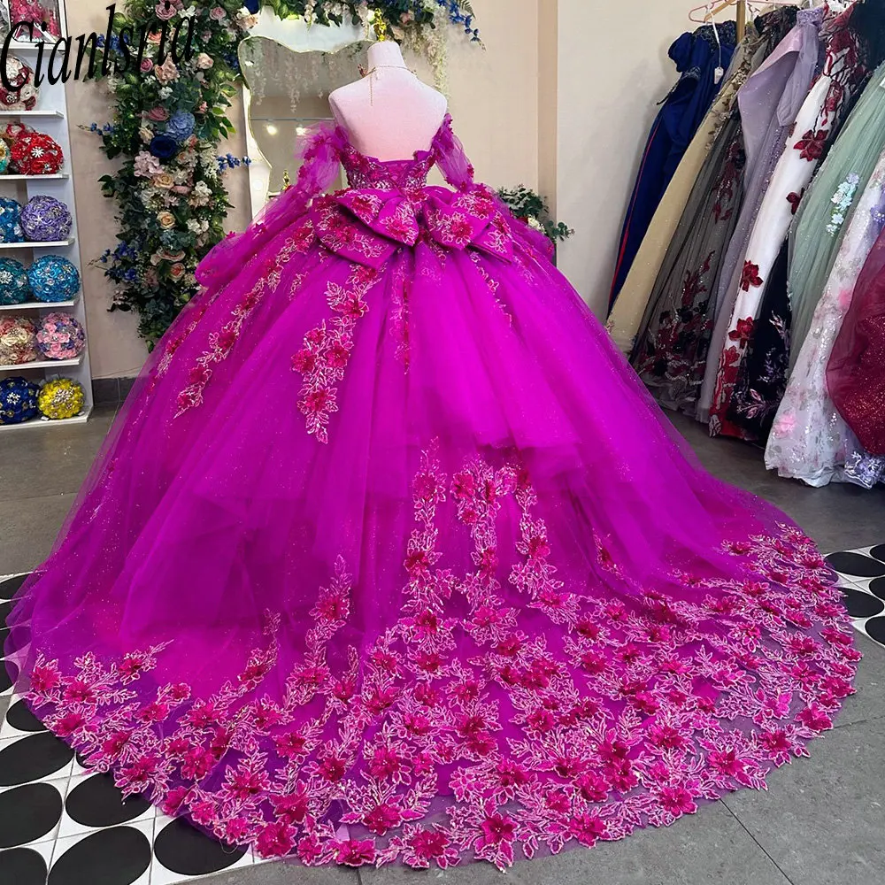 

Fuchsia Long Sleeve 3D Flowers Ball Gown Quinceanera Dresses Off The Shoulder Sequined Appliques Lace Vestidos De 15 Anos
