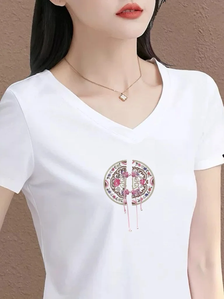 

Белая футболка с V-образным вырезом и коротким рукавом, женская модная универсальная повседневная блузка для мам из полиэстера, стандартный размер