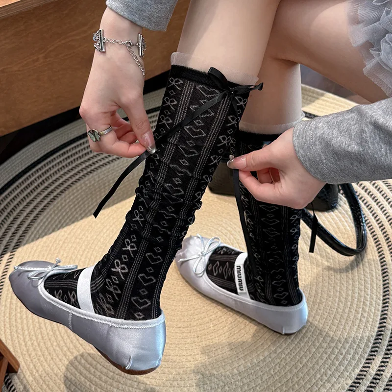 Love Hollow Calf Socks Women's Stockings Ribbon Bow Sweet Girl Knee Socks Stockings Japanese Lolita Cute Ruffle Socks Stockings