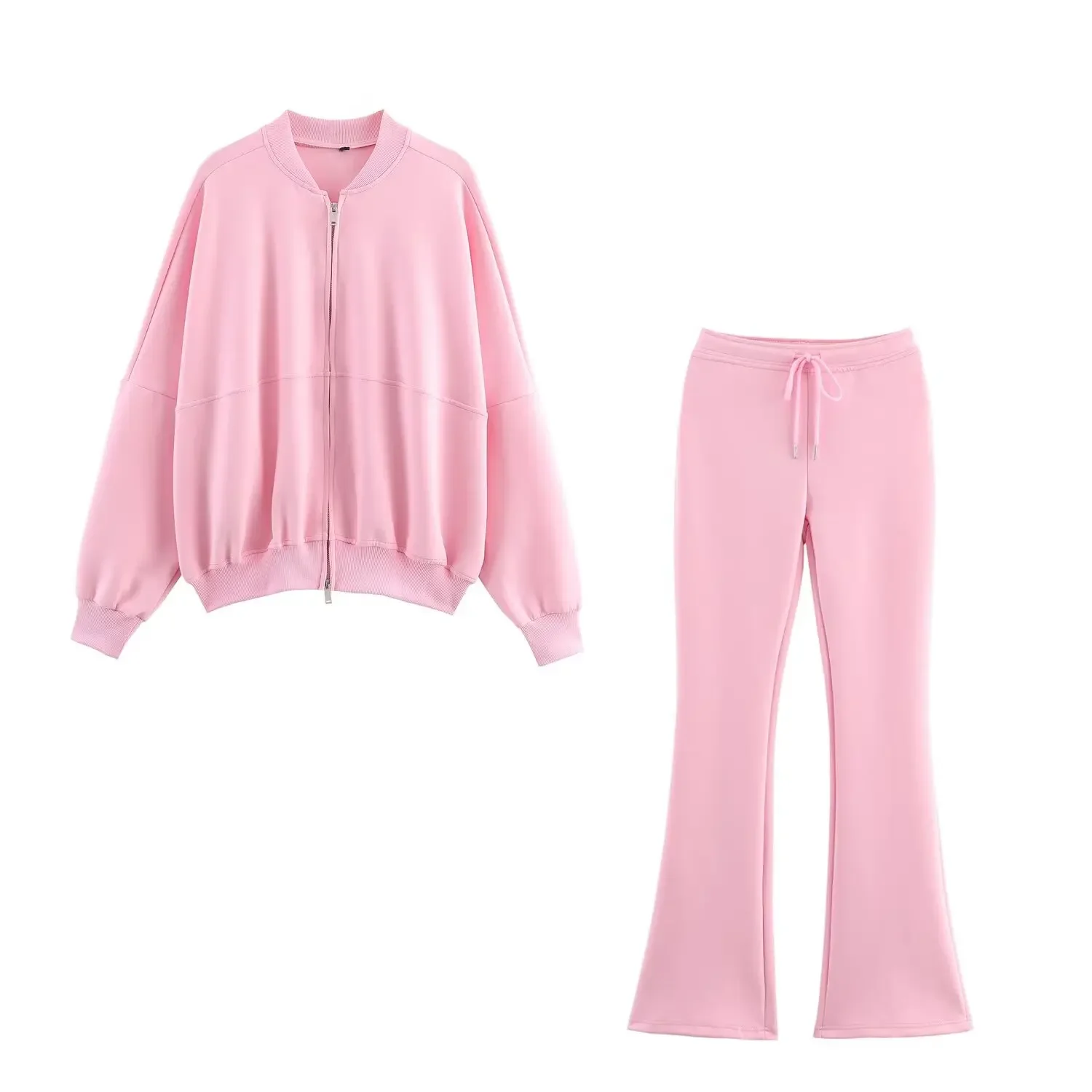 Conjunto de pantalones deportivos de otoño para mujer, chaqueta bomber con cremallera y pantalones acampanados entrelazados de algodón