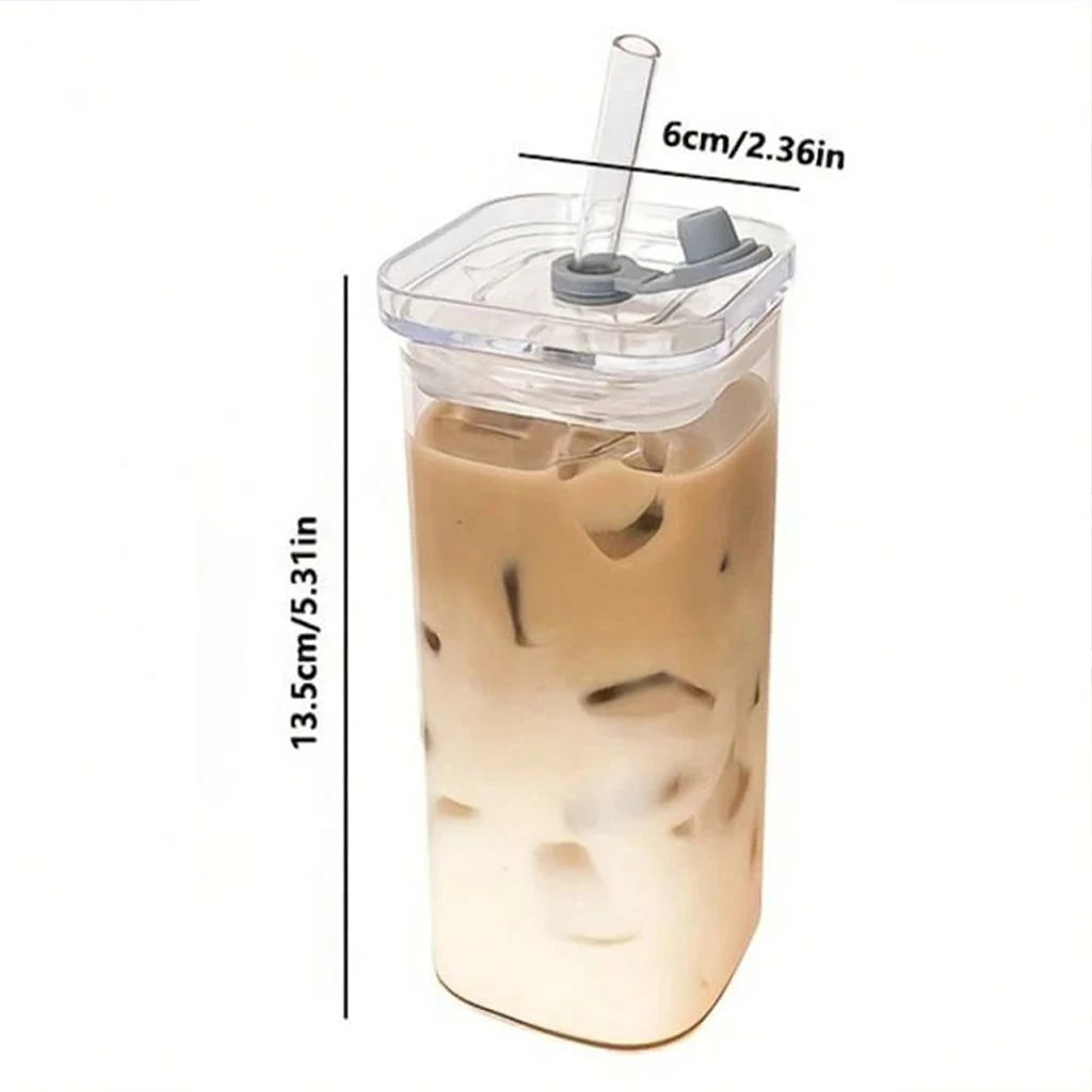1/4/6/8PCS Square Glass Cups With Lids And Straws, 13oz Reusable Glass Coffee Cups, For Home School Outdoor Wedding Gift