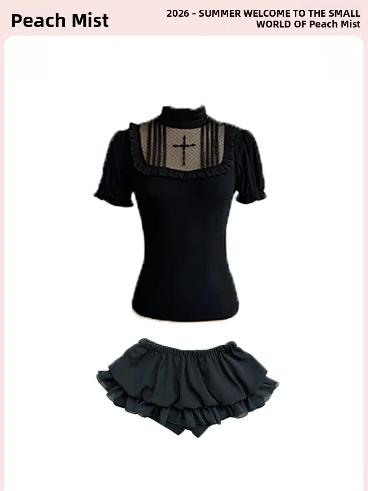 Gothic Style Mesh Splice Shirt And Short Skirt Set Women's Summer Fashion High Waist Slim Fit Bubble Sleeve Blouse And Skirt
