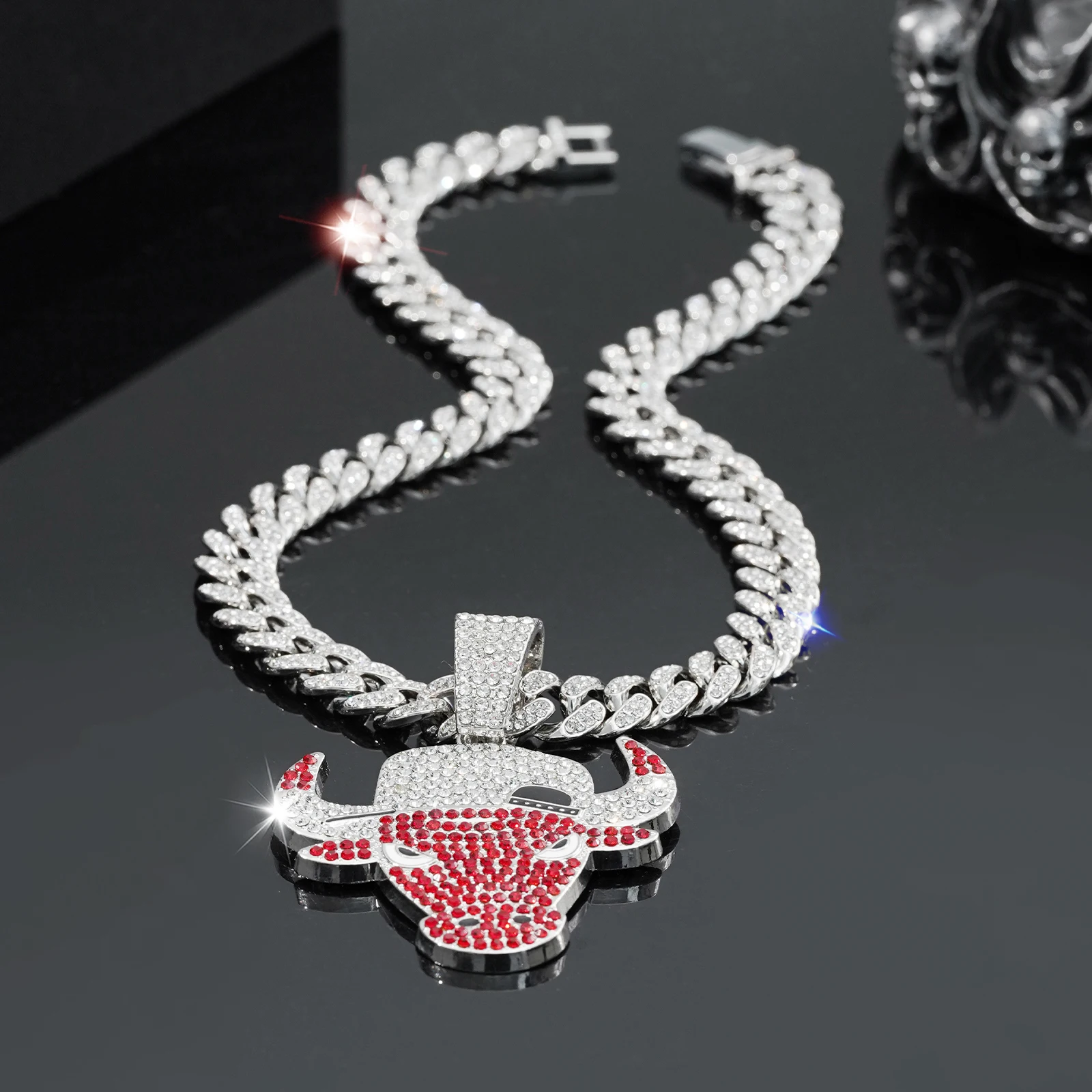 Red Bull Big Pendant Necklace, Hip Hop Cuban Link Chain