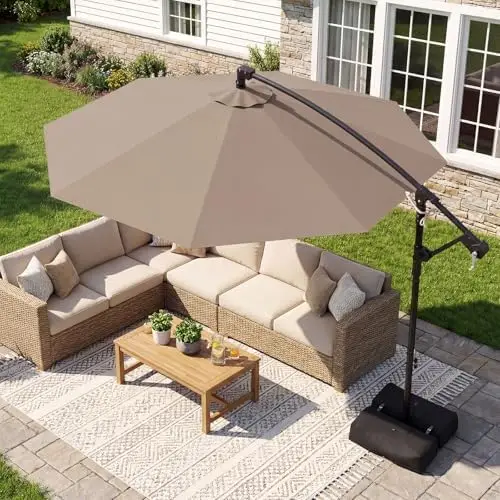 10ft Patio Umbrella with Base Included, Offset Cantilever Outdoor Umbrella with 360 Degree Rotation, Crank Handle