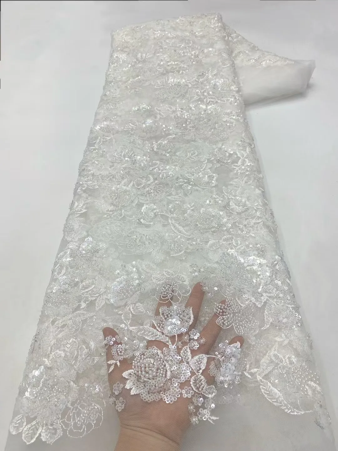 

Latest French Tulle Beaded Sequin Lace Fabric 5 Yards 2025 High Quality Nigerian African Lace Fabric For Wedding Party