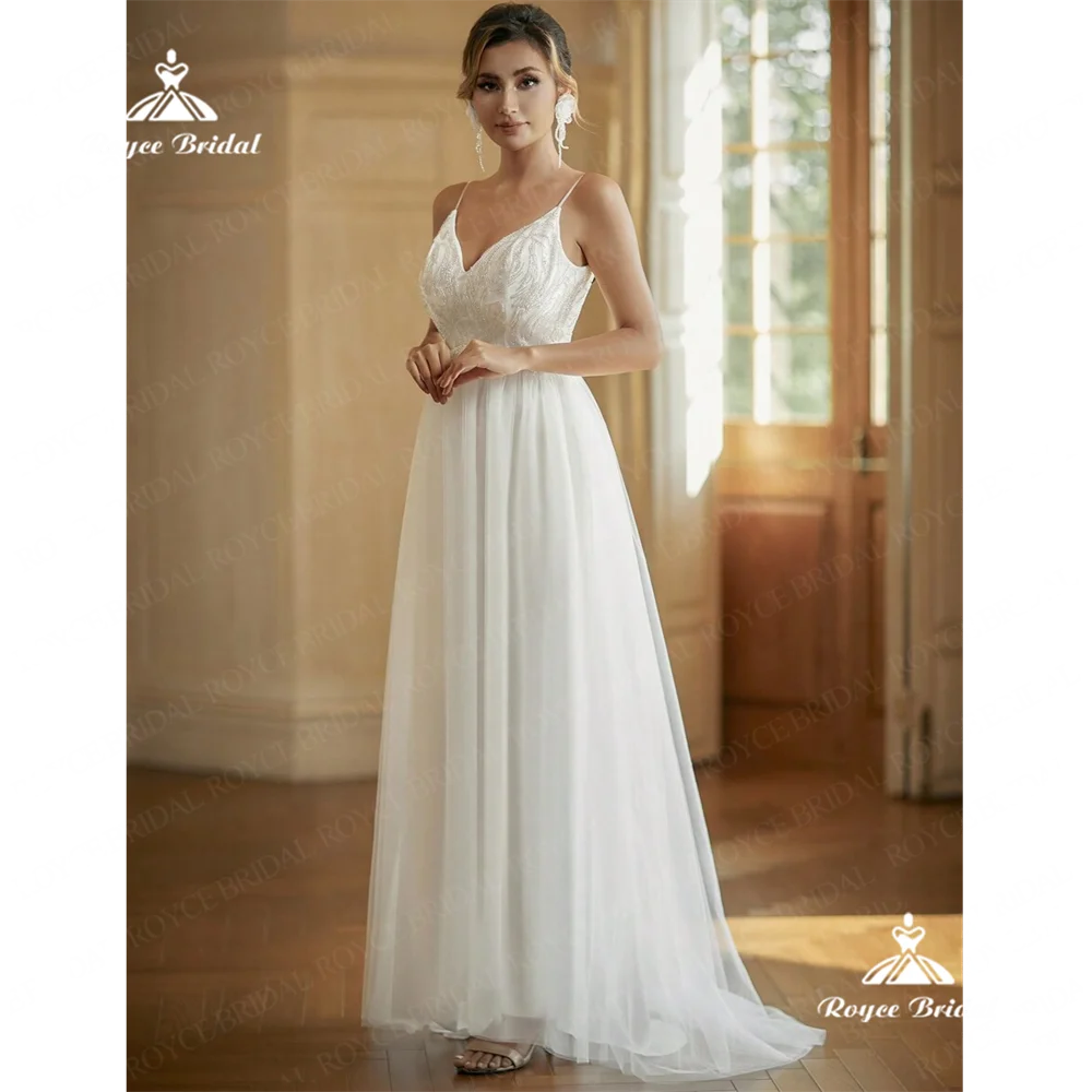 فستان زفاف شيفون من Roycebridal برقبة على شكل حرف V للنساء ، ثوب بخيط ، قطار كنس ، فستان زفاف ، زواج ،