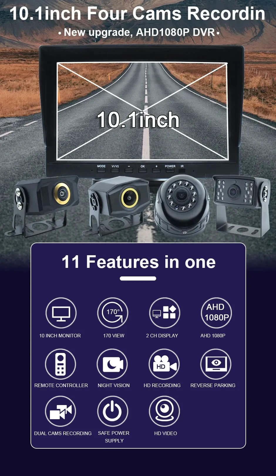 HD 1920*1080P 4 Channels 10.1 Inch IPS Screen Vehicle DVR Recorder 1080P IR Night Vision Car Camera Truck Bus Trailer Pickups