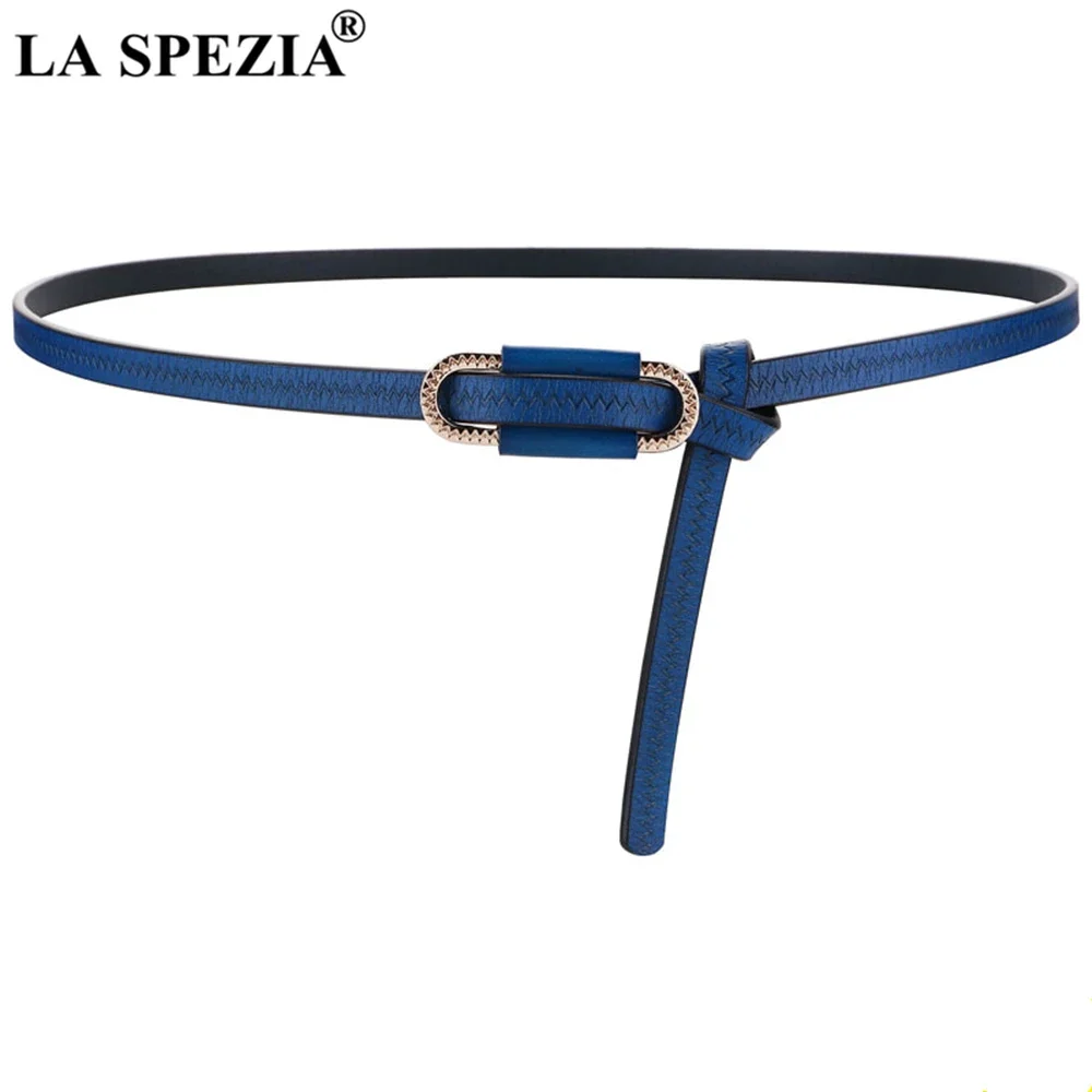 

LA SPEZIA Vintage Women Belt Cowskin Thin Waist Belt Royal Blue Real Leather Women Self Tie Ladies Belt for Dress Strap Narrow