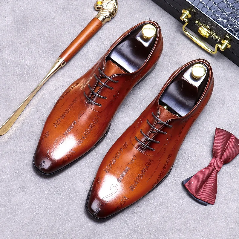 Men's Business Dress Leather Shoes Genuine Leather Shoes Full Cowhide British Laser Engraving Pattern Men's Wedding Shoes 37-46